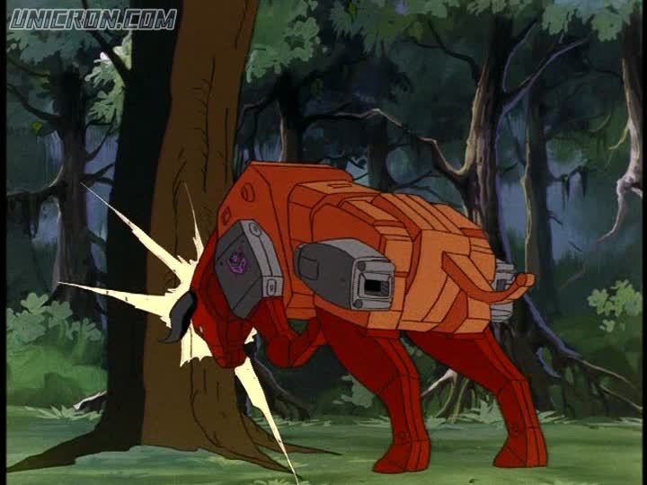 Tantrum in bull mode, ramming a tree — original G1 cartoon still.