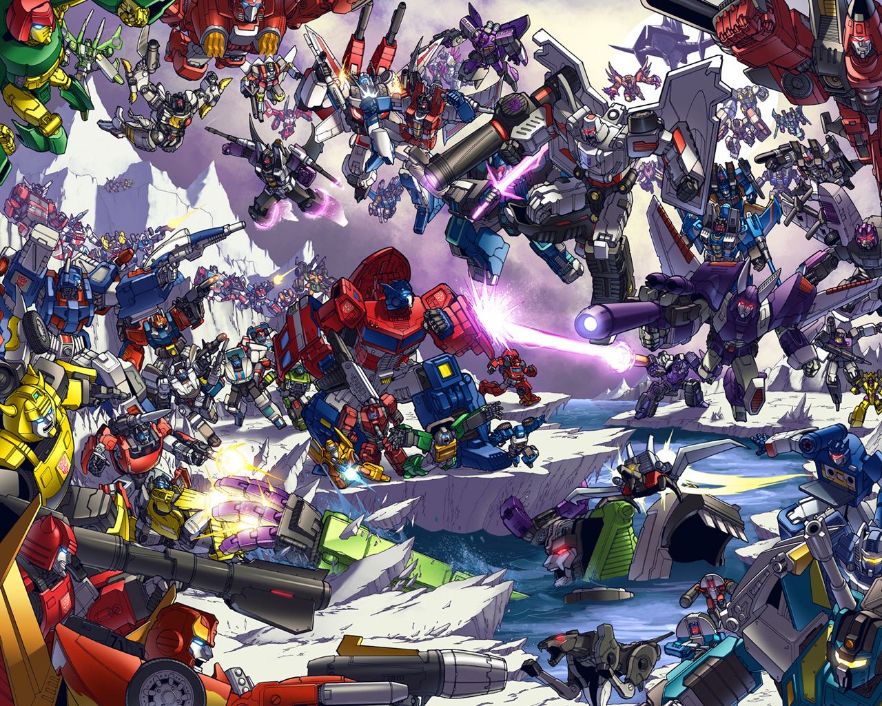 G1 Autobots and Decepticons clash across an icy battlefield, including Optimus Prime, Megatron, and Shockwave